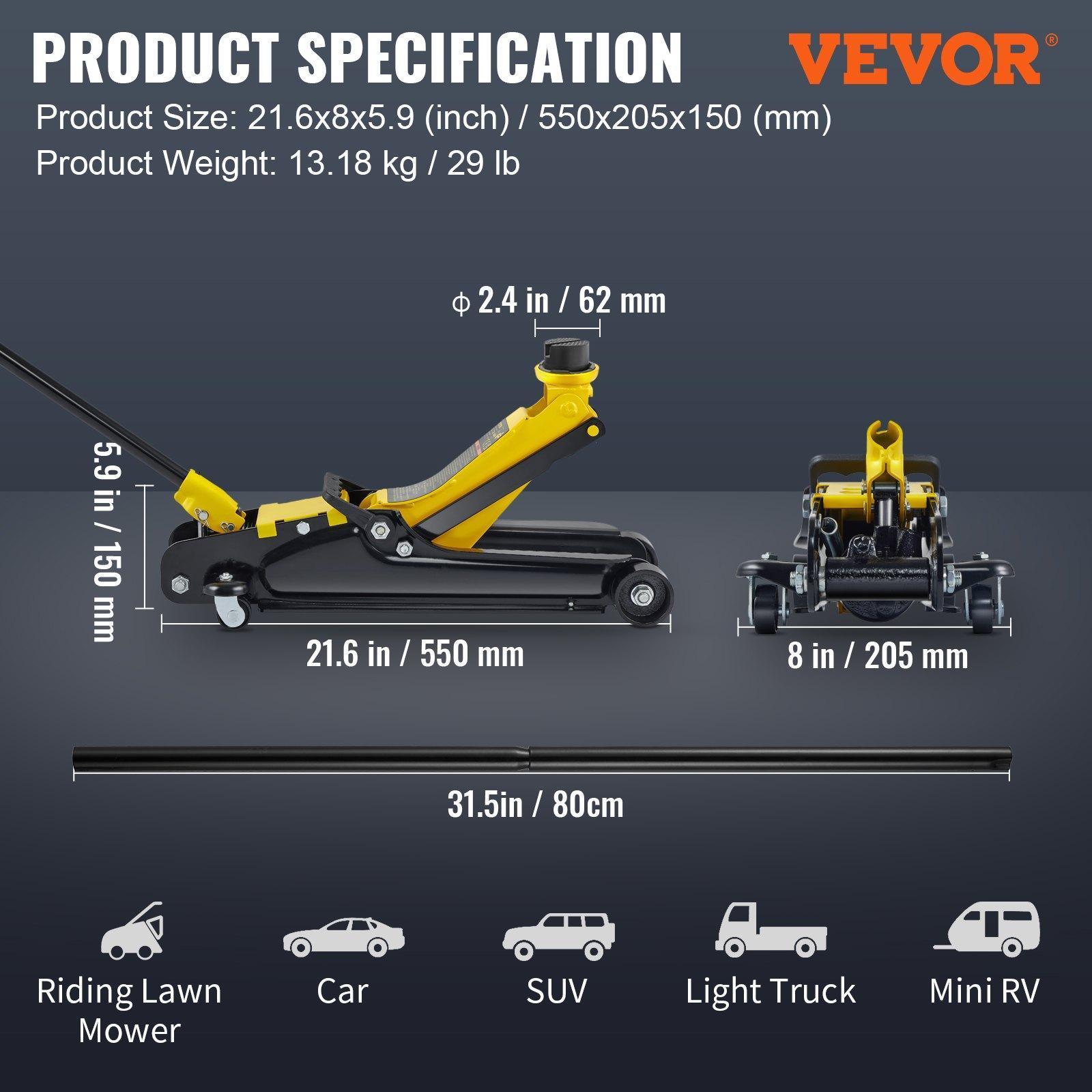 VEVOR Low Profile Floor Jack 2.5 Ton Heavy Steel Single Piston Hydraulic Pump