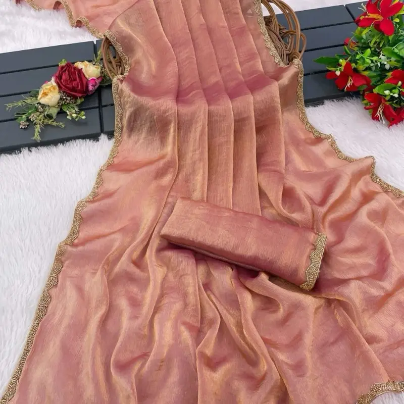 Indian Wedding Saree with beadwork border lightweight peach color