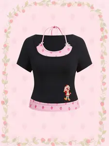 Strawberry Shortcake Women's Plus Size Colorblock Cartoon Graphic Short Sleeve T-Shirt for Spring-Summer