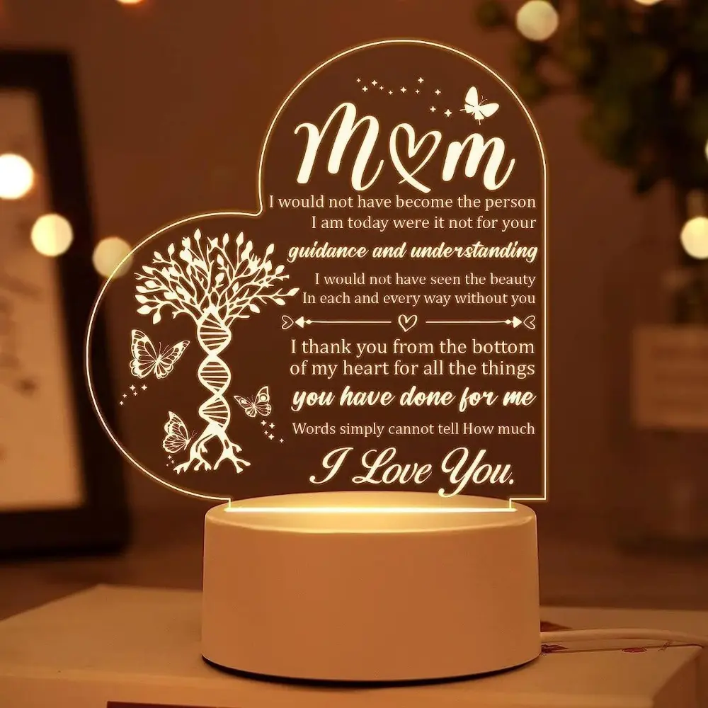 Engraved Acrylic LED Night Light - Warm Illumination LED Decoration Lamp for Bedroom, Modern Plaque Decor Look Personalized Sign Gift for Women, Mom Birthday Gifts