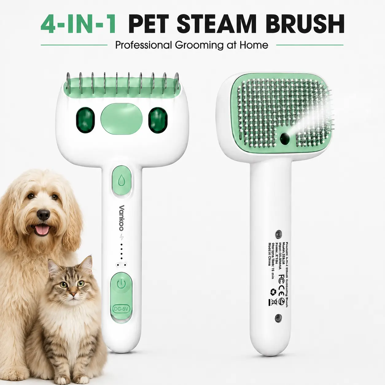 4-in-1 Pet Steam Grooming Brush for Dogs & Cats, De-Shedding & Detangling Comb, Mist Spray Dog Cat Brush, One-Click Hair Release for Long & Thick Fur
