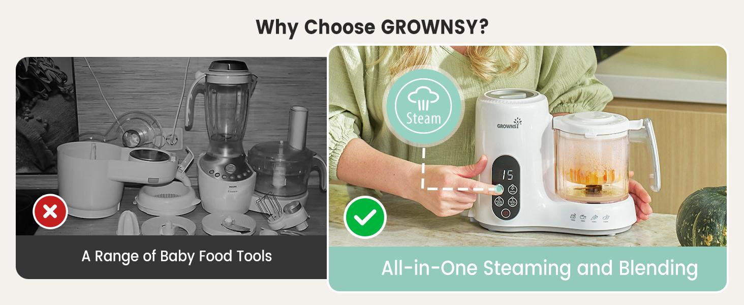 Grownsy Baby Food Maker with Steam Basket, One Step Baby Food Processor Steamer Puree Blender, Auto Cooking & Grinding,Baby Food Puree Maker with Self Cleans