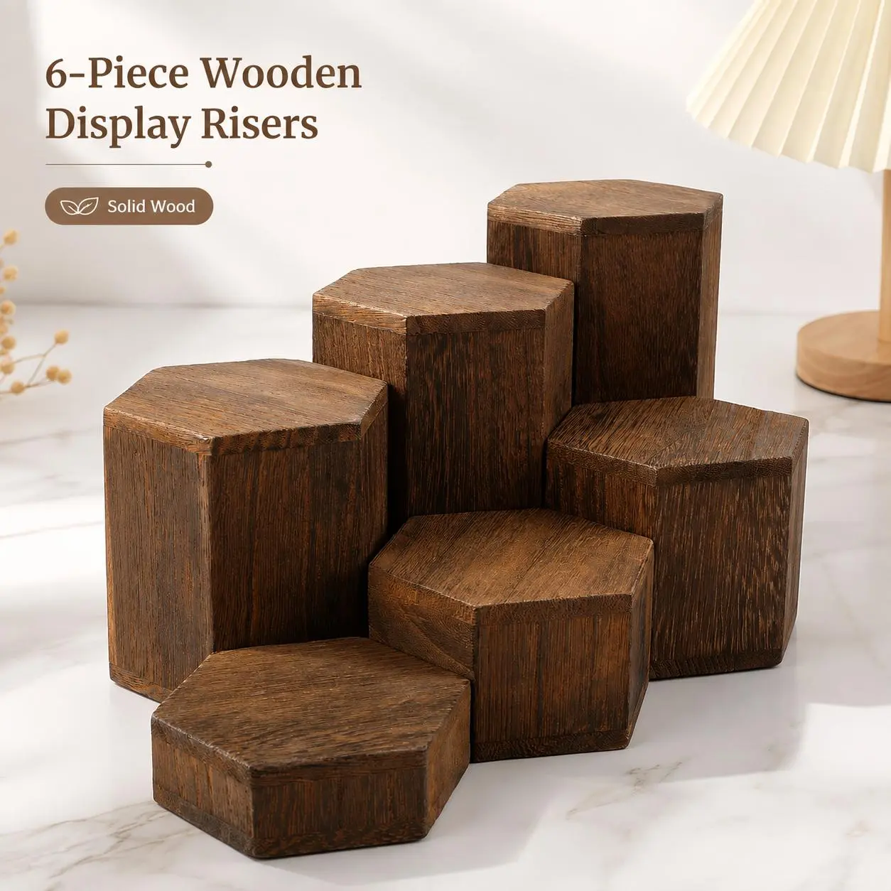 6 Pack Wooden Hexagonal Display Risers Solid Wood Jewelry Display Stands Multi Height Tiered Display Blocks for Boutique Shop Photography Prop Rings Bracelet Watch Display Mother's Day Gift