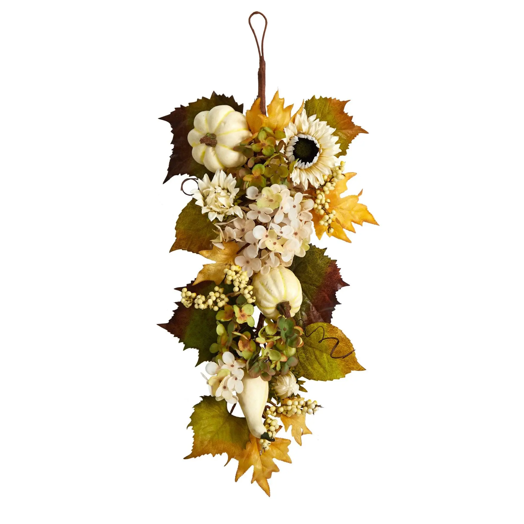 33 in Harvest Theme Artificial Teardrop Hanging Floral Decor - Sunflower+Hydrangea, Pumpkin Ornaments with Rustic Charm, 30 – 34 In Thanksgiving Wall-Mounted Decor for Home Room