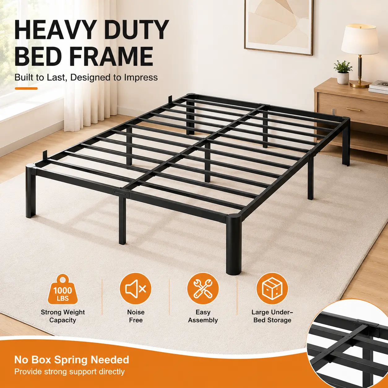 Heavy-Duty Metal Platform Bed Frame - 14 inch, Sturdy Steel for Daily Use, Hidden Storage, Box-Spring Free, Modern Bed Frames, Easy Installation, Steel Slat Support, Furniture, Metallic Bed Frames