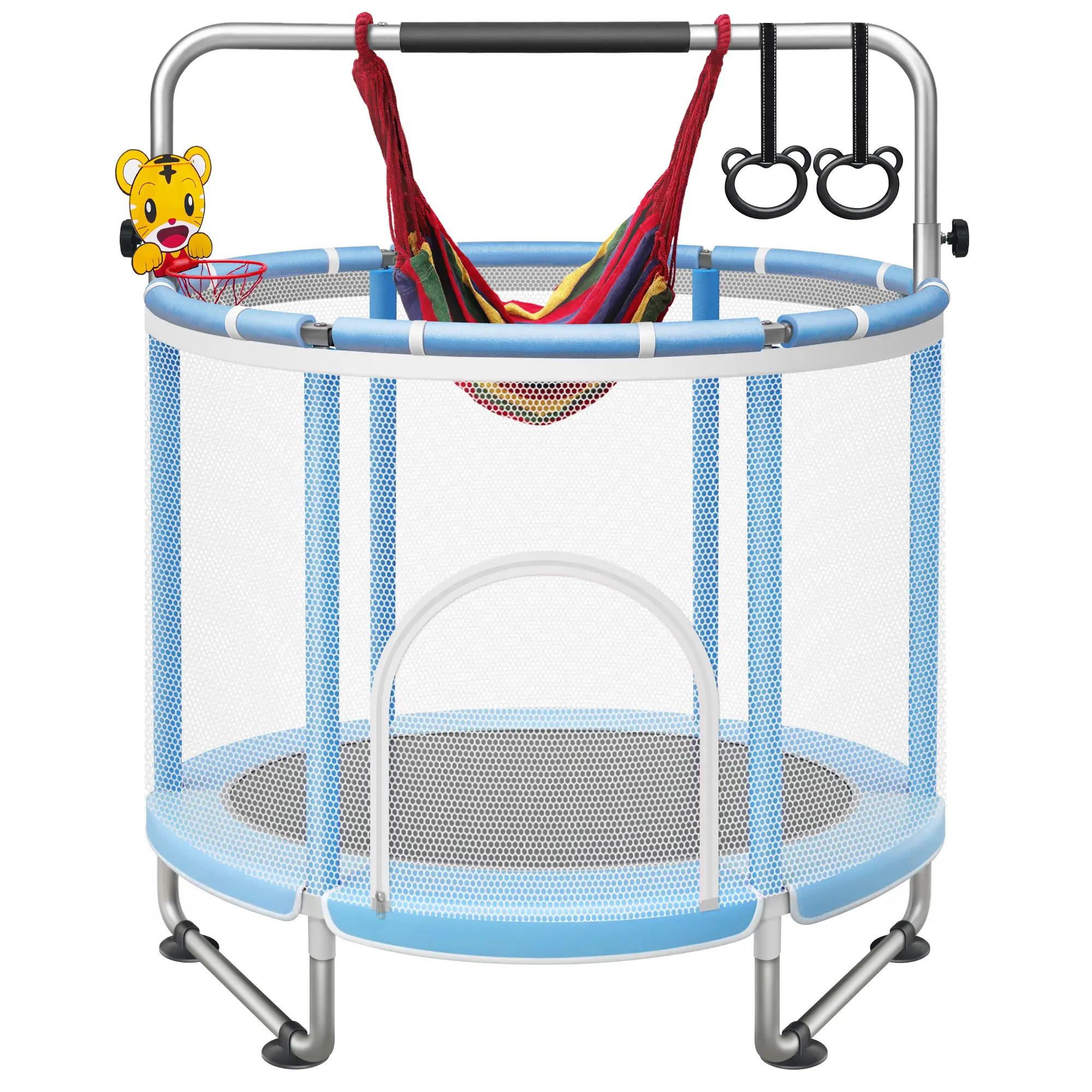 Seray 55” Unisex Kids Exercise Trampoline with Enclosure - Adjustable Gymnastics Bar, Swing, Rings, Safety Pads, Sturdy Frame - Home/Outdoor Recreational Trampoline Set for 3–12 Yrs Gift