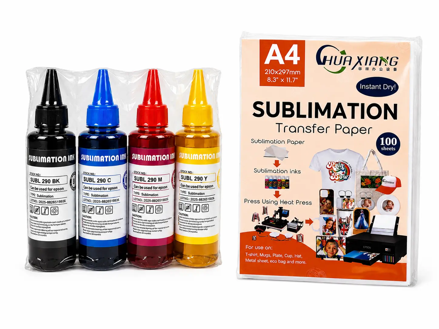 Sublimation Bundle CMYK Ink 4-Pack + A4 Transfer Paper 200 Sheets