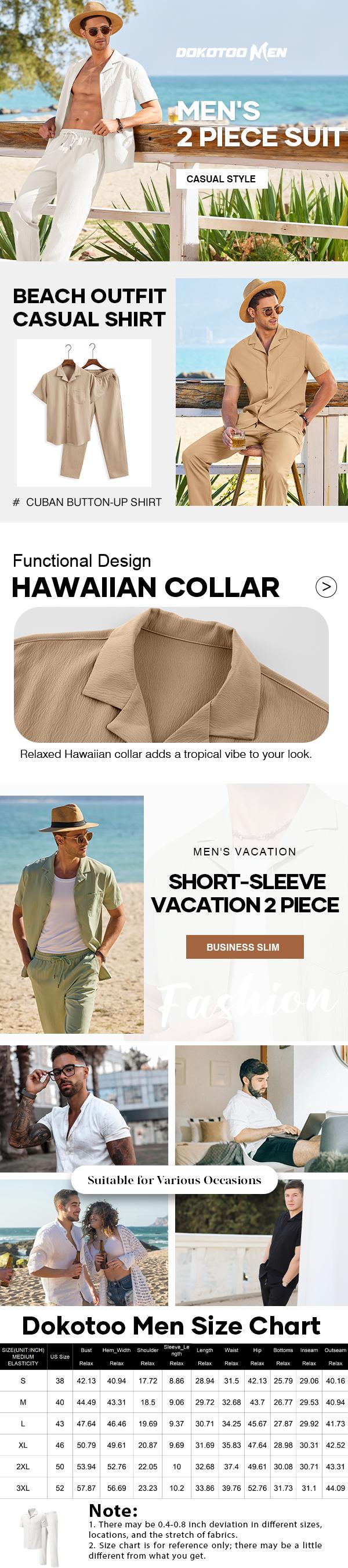 Dokotoo Men's 2-Piece Beach Outfit - Short Sleeve Button-Up Shirt & Below-Ankle Drawstring Pants - Casual Summer Suits for Men