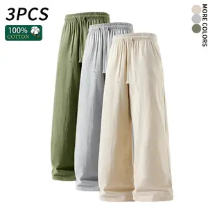 3 pairs of men’s soft pants, 100% cotton, linen texture, wide leg, loose casual fit, drawstring waist, long trousers for daily wear at home and outdoors