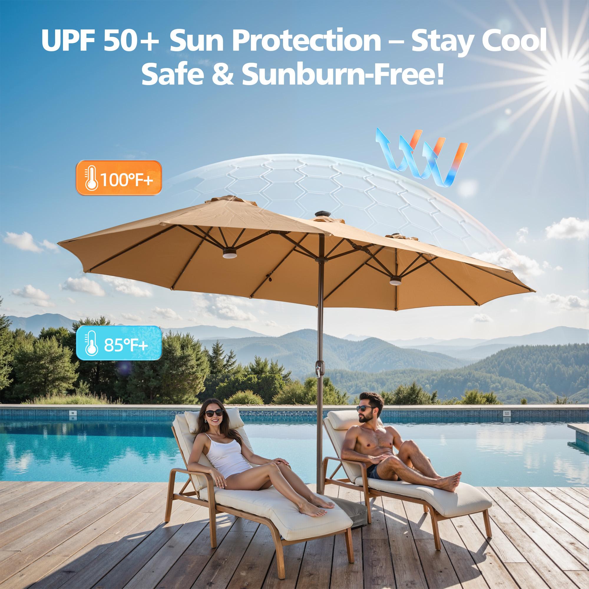 [March Clearance Price] OOSWIFT 14.5 ft Large Patio Umbrella with Solar LED Lights & Base, Extra Large Outdoor Twin Umbrella w/36 Lights, for Patio Garden Pool Lawn Backyard, Base Included, Sunshade Canopy