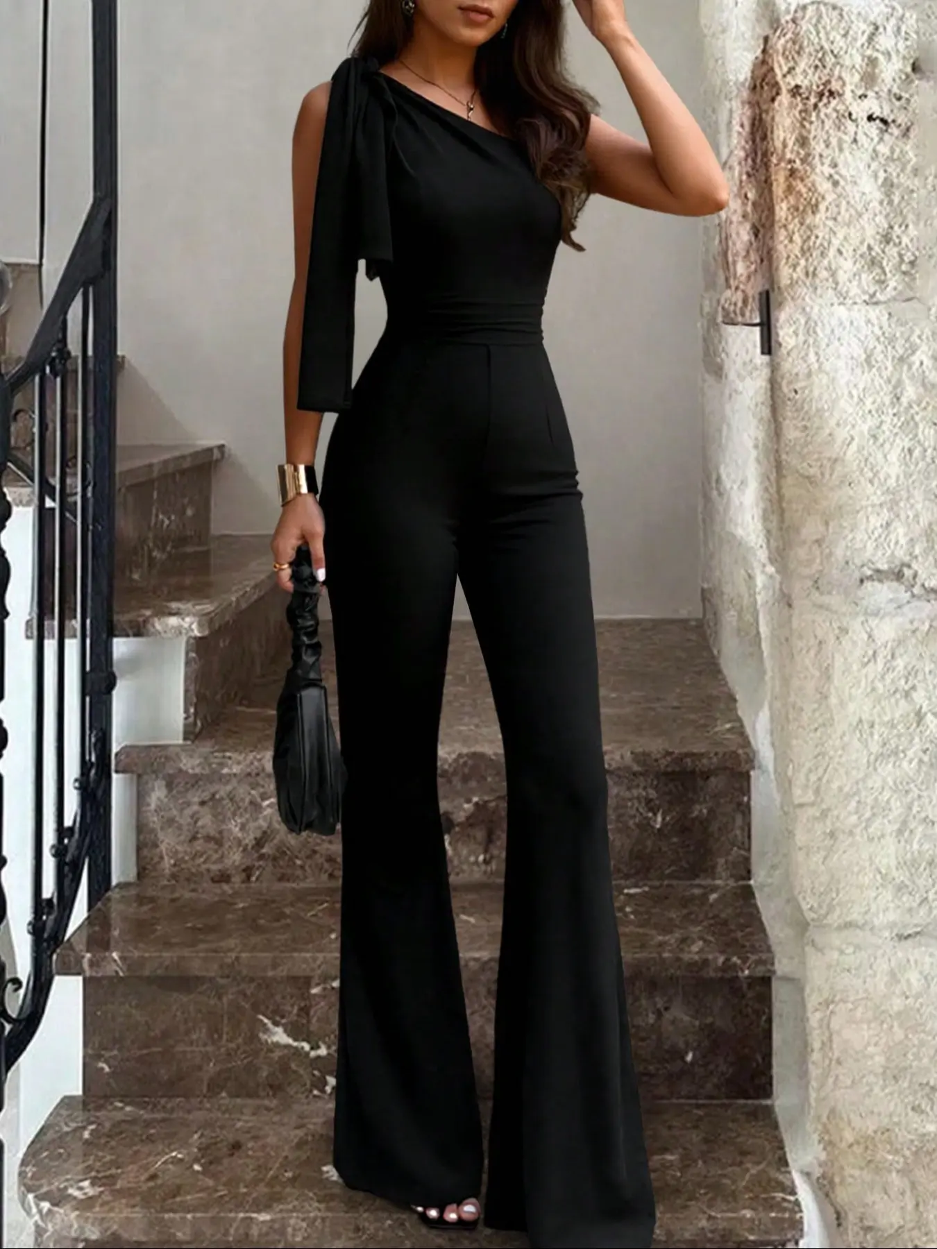 Asymmetrical One-Shoulder Slim Fit Jumpsuit for Women, Black Wide Leg Flared Bow Tie Knot High Waist Elegant Jumpsuit Style for Formal Evening Party, 1 Piece