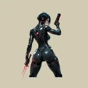 Cyber Assassin Anime Girl Sticker,  Futuristic Mecha Armor, Red Blade & Tactical Gun Decal