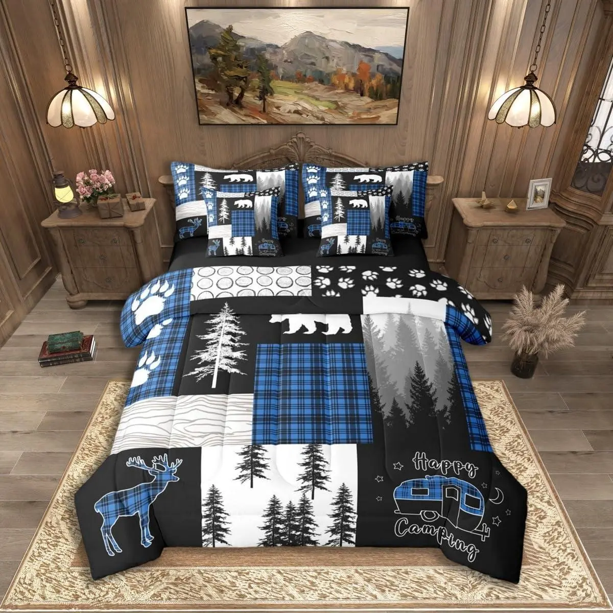 Feelyou 7-Piece Rustic Cabin Bear Deer Patchwork Plaid Checkered Bedding Set, Multi-Size Set with Fitted + Flat Sheet, Wrinkle-Free Machine Washable Blue Black Bed-in-a-Bag for Home Bedroom/RV Campers