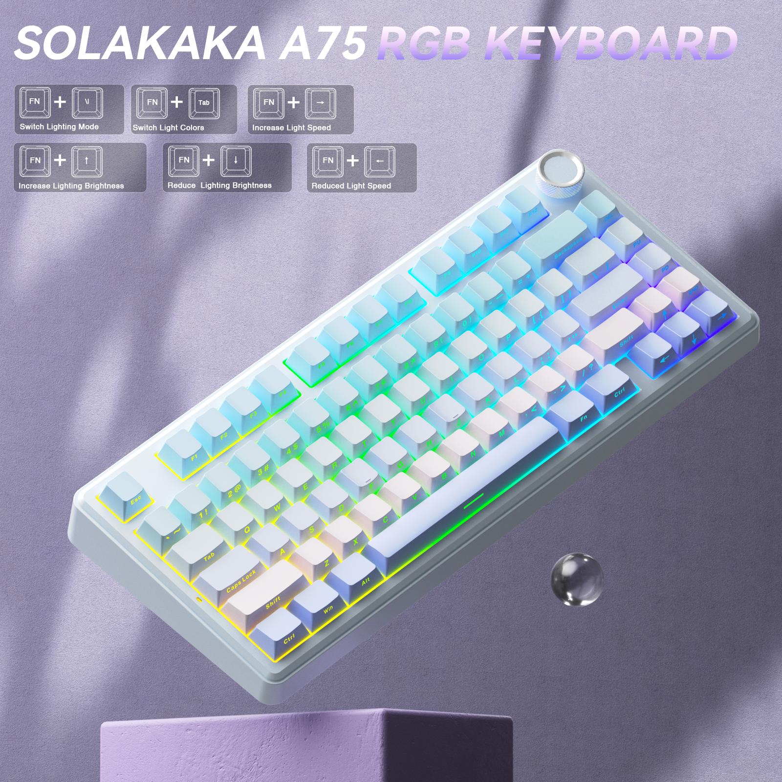 SOLAKAKA A75 Wireless 75% Mechanical Keyboard features hot-swappable keys, RGB lighting, a multi-function knob, sealed keys, PBT keycaps, and a creamykeyboard design. It is suitable for PC/Mac.