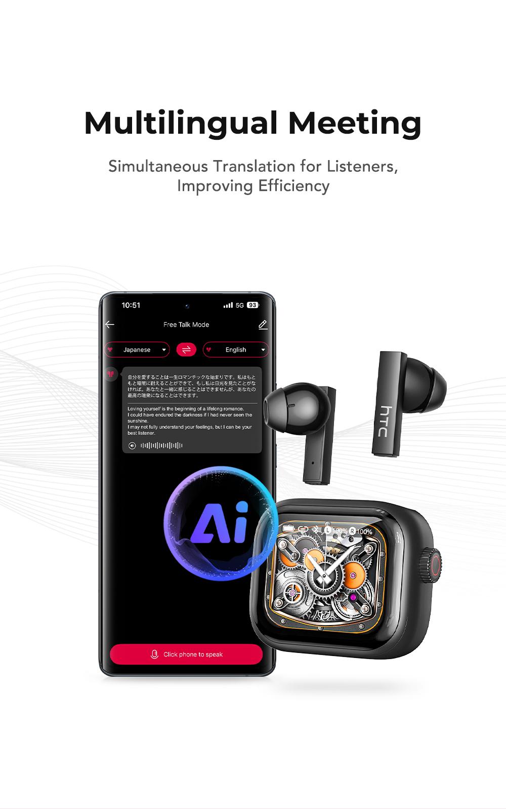 HTC NE40 AI Headset Translates 134 Languages Wireless Earbuds with App-Assisted Two-Way Translation, Noise Cancelling, Clear Calls, Smart Screen Case, Bluetooth 5.4, Perfect for Travel & Daily Use