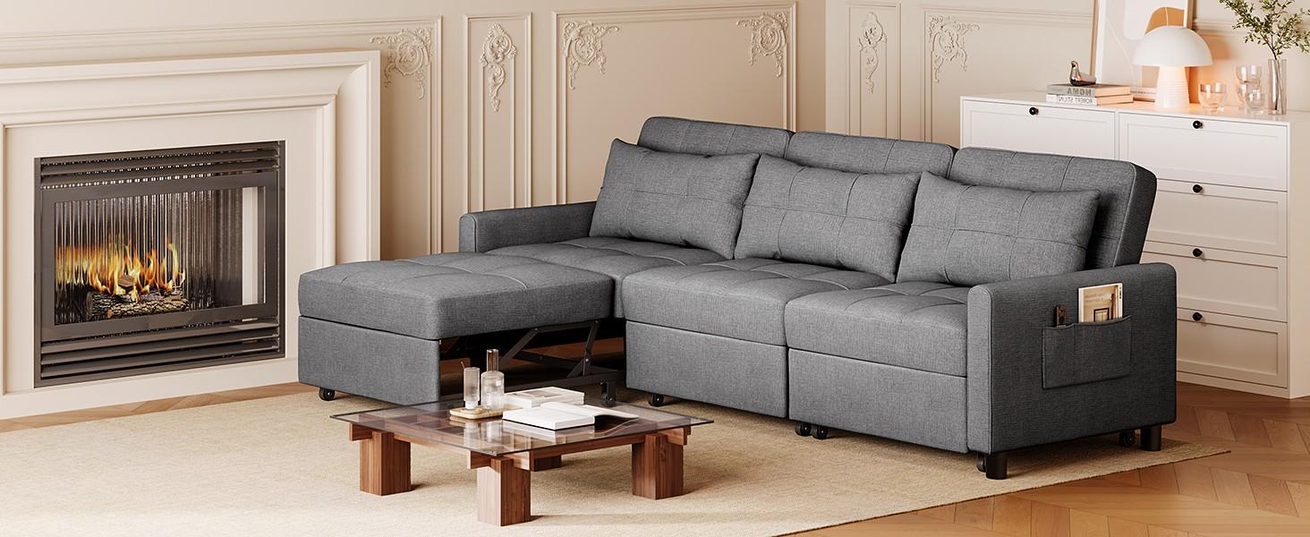 Gizoon Sectional Sleeper Sofa, 84 Inch Pull Out Couch with Adjustment Backrest & Ottoman, Convertible Sectional Couch Bed for Living Room, Guest Room, Dark Grey home deco