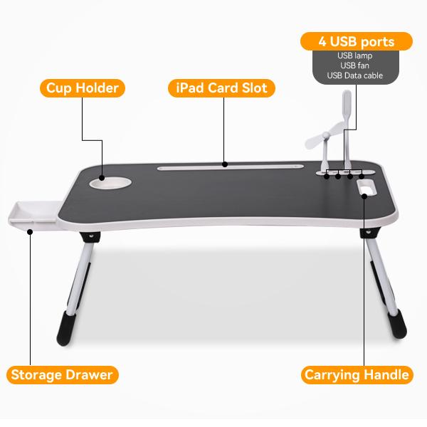Richland Laptop Bed Desk, Portable Foldable Laptop Table for Laptop & Writing, 23 inch Bed Lap Desk Tray Table with 4 USB Ports, Storage Drawer and Cup Holder, for Working Writing Drawing & Eating