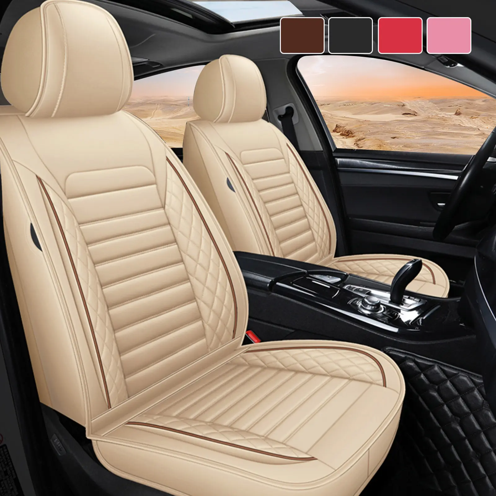 OTOEZ Luxury Waterproof PU Leather 5-PCS Full Set 5-Seaters Car Seat Covers with Headrest, Lumbar Support, Scratch Res., Spill-Proof Cover, Girly Car Accessories, Accessories For Car