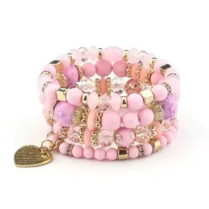 The Pink Harmony Stack - Delicate Bead Stack with Heart Charm & Golden Accents for Everyday Wear