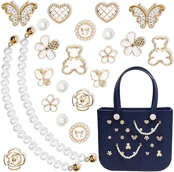 Butterfly and floral charm collection with black gold accents and pearl chain, designed as inserts for Simply Southern rubber beach tote bags, 21 pieces.