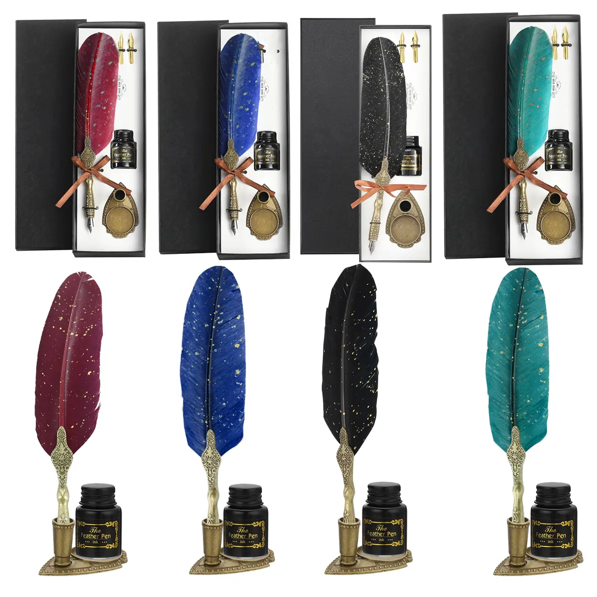 Vintage Feather Pen and Ink Set, Classic Series Goose Quill Pen with Carving Pen Stand, Calligraphy Pen Nibs, Black Dip Pen Ink, Antique Writing Gift for Birthdays & Holidays