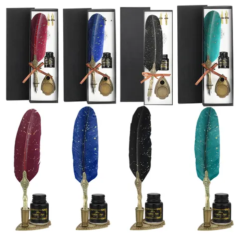 Vintage Feather Dip Pen & Ink Set - Classic Carved Goose Quill, Pen Stand, Calligraphy Nibs with 2 Extra Nibs, Black Ink with Golden Powder, 30-60 Words per Dip, Office Stationery for Cool Gifts for Adults & Vintage Things Enthusiasts