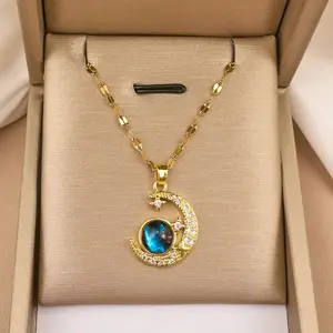 1pc Dreamy Planet Themed Gold-Tone Necklace With Moon And Earth Pendant Suitable For Women's Daily Wear
