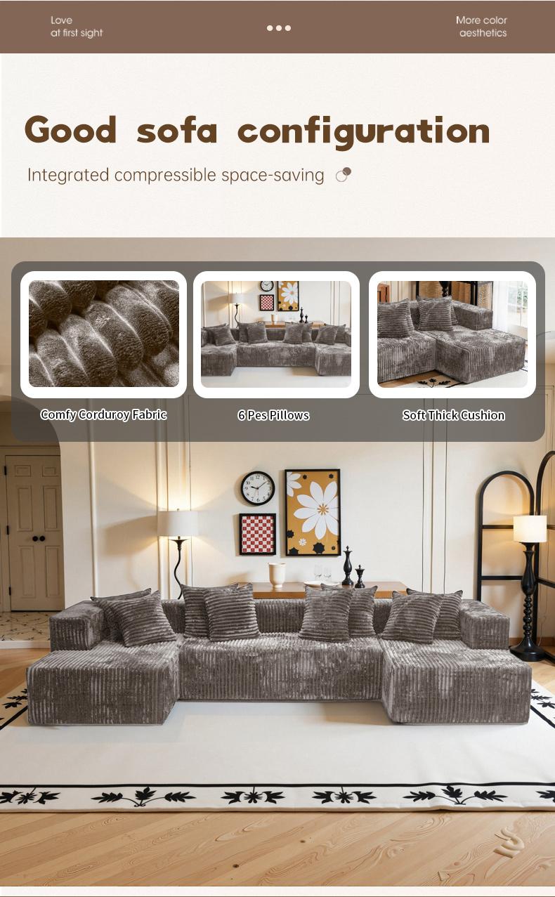 QIMENG U-Shape Modular Sectional Sofa Bed, 3-Package Shipping, Compressed Corduroy & Soft Velvet Fabric, Space-Efficient Deep-Seat Modern Sleeper Floor Sofa for Living Room, Convertible Indoor Sofas, Sofas Living Room