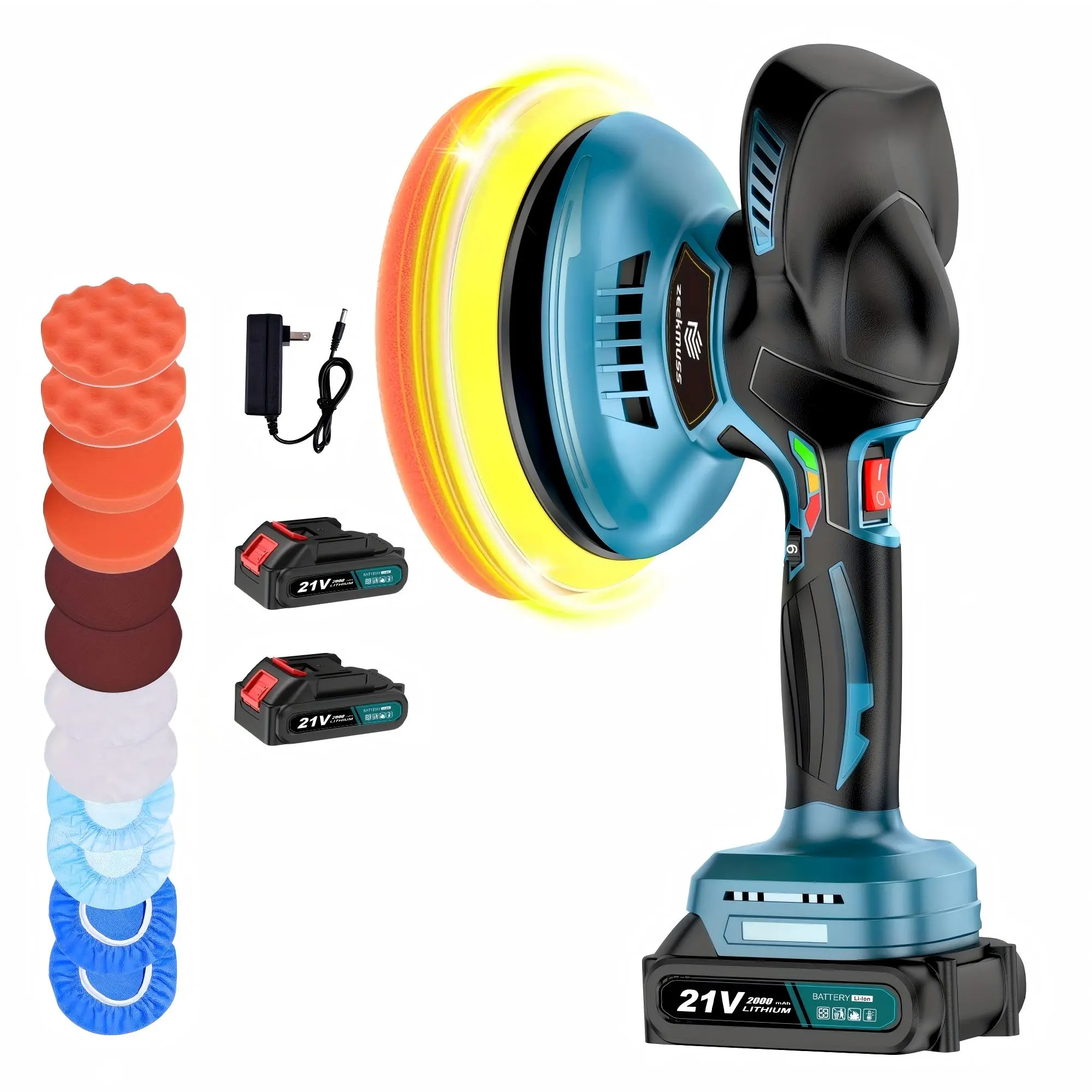 ZEEKMUSS Cordless Buffer Polisher, 6 Inch Dual Action Polisher Kit With 2pcs 21V Rechargeable Battery, 6 Variable Speed 5500RPM Buffer Polisher For Detailing, Polishing, Waxing Tool Home