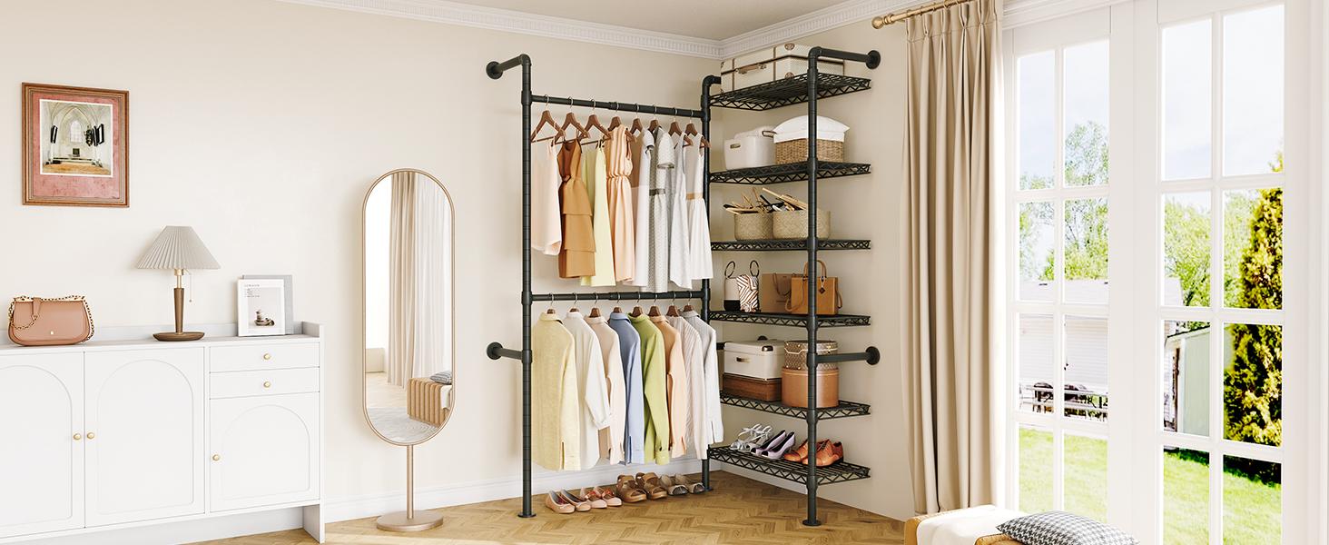 【SPOTLIGHT DAY & MAX 900 LBS】ONBRILL Expandable(18.3-34.6") Wall Mounted Closet System, Industrial Pipe Clothing Rack, Clothes Rack Garment Racks Wardrobe Racks for Hanging Clothes, Heavy Duty Closet Organizers for Livingroom Bedroom Furniture