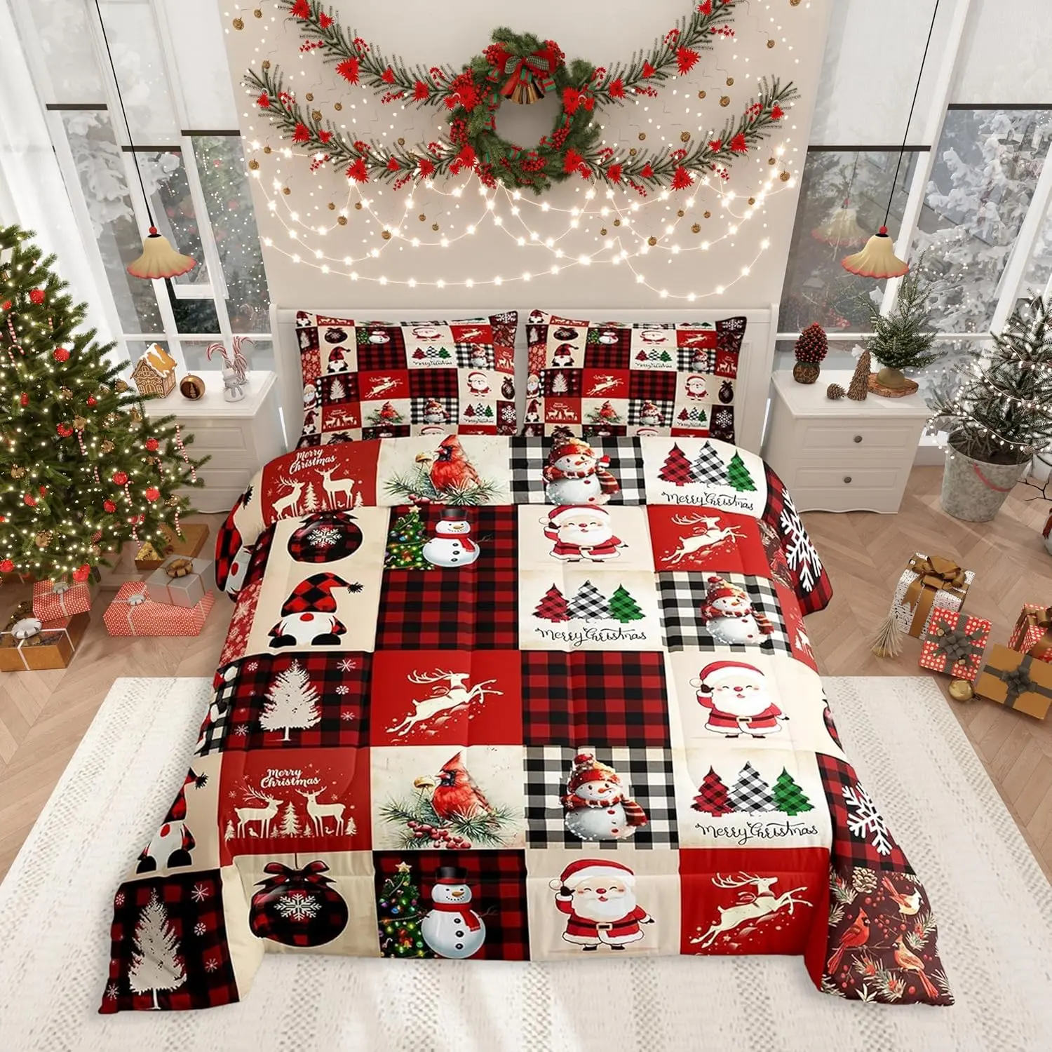 Christmas Comforter Set Red Plaid Holiday Design Bedding Set,Snowman Santa Claus New Year Patchwork Down Comforter for All Season Kids Boys Girls Room Decor, No Sheets