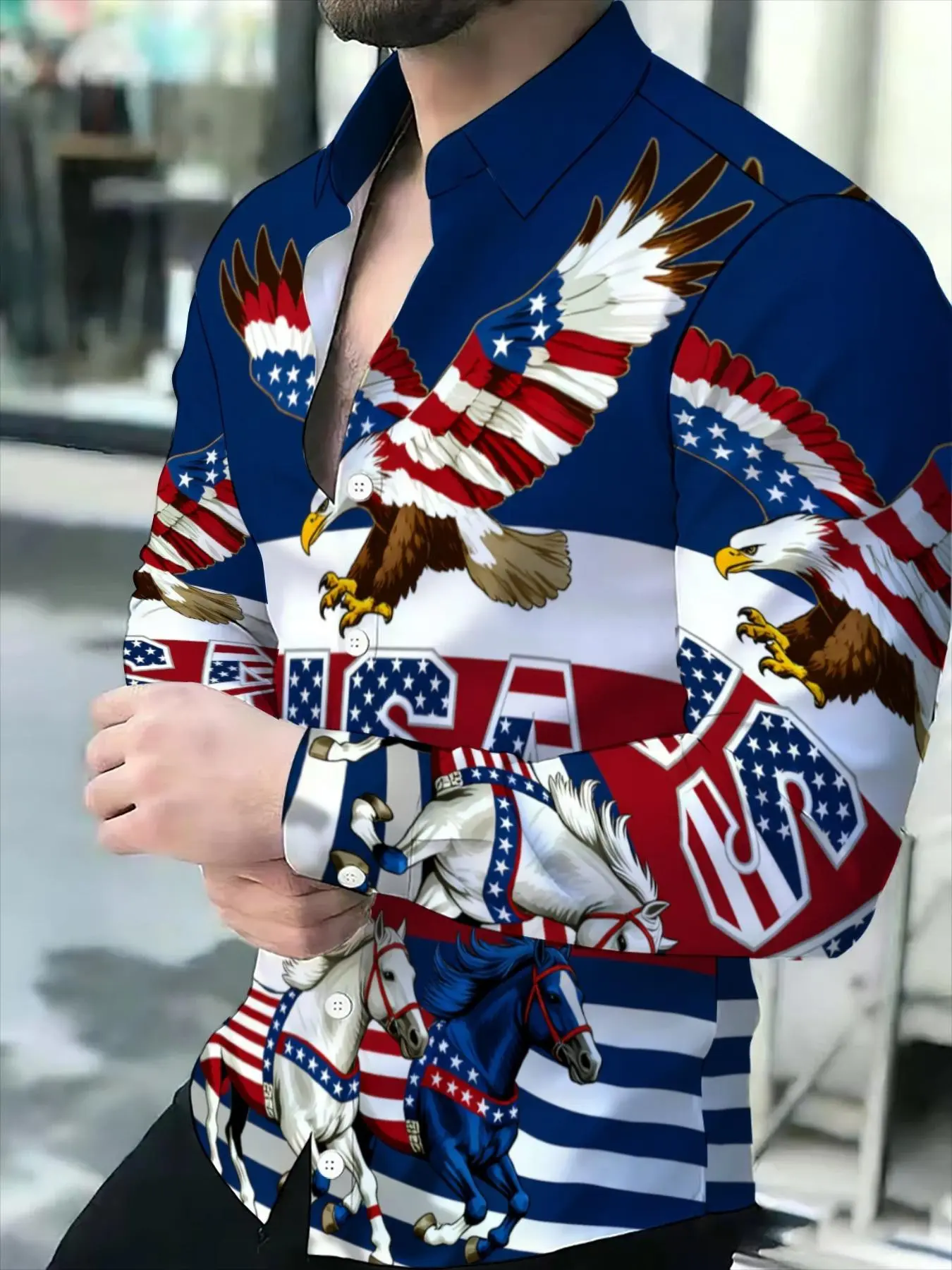 Men's Novelty American Flag Eagle Horse Pattern Long Sleeve Casual Outings Shirt