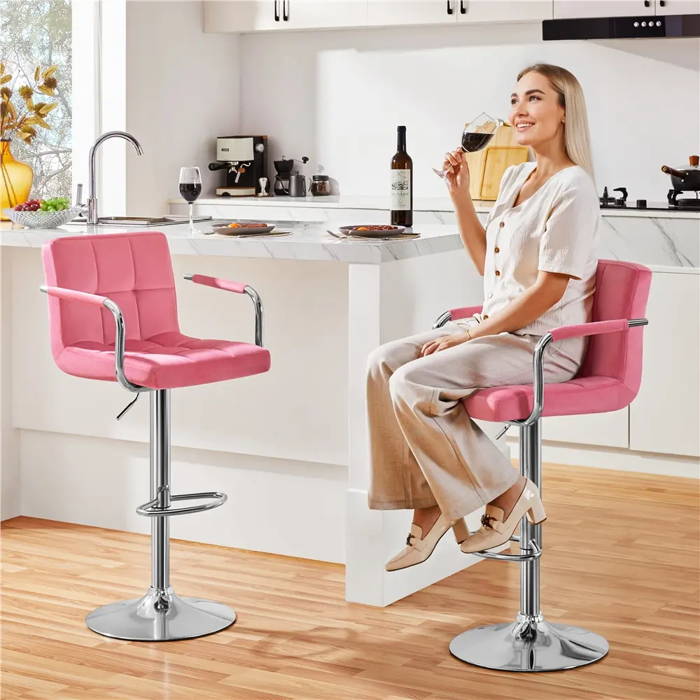 Yaheetech Glam Pink Velvet Swivel Barstools - Comfy Swivel Chairs with 300lb Capacity, Height-Adjust/Adjustable Height, Easy Setup, Large Steel Base, Backrest, Footrest for Home Bar, Kitchen Counter
