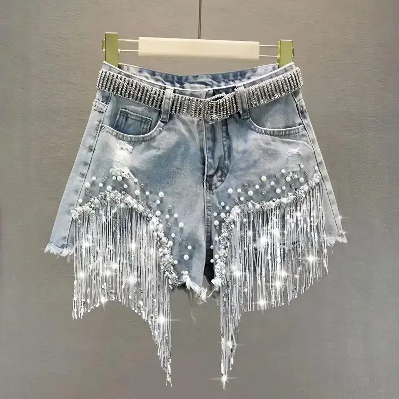 Women's High Waist Distressed Denim Shorts with Sequin & Bead Details and Fringed Hem for Summer, Beads, Sequins, European, Jeans, Casual, Thin Heavy Industry