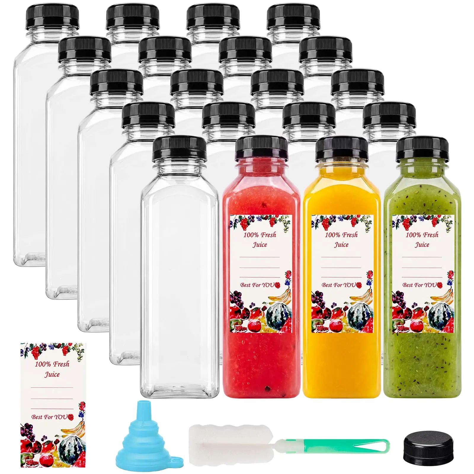 20pcs 16oz Juice Bottles, Plastic Juicing Bottles with Caps, Clear Drink Containers with Lids for Drinking, Smoothie and Other Beverages