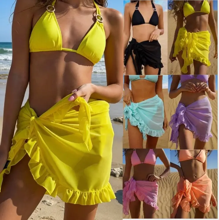 Solid-Color Chiffon Sun-Protection Beach Cover-Up, Ruffled Wrap-Style Skirt Sarong for Bikinis, Swimwear