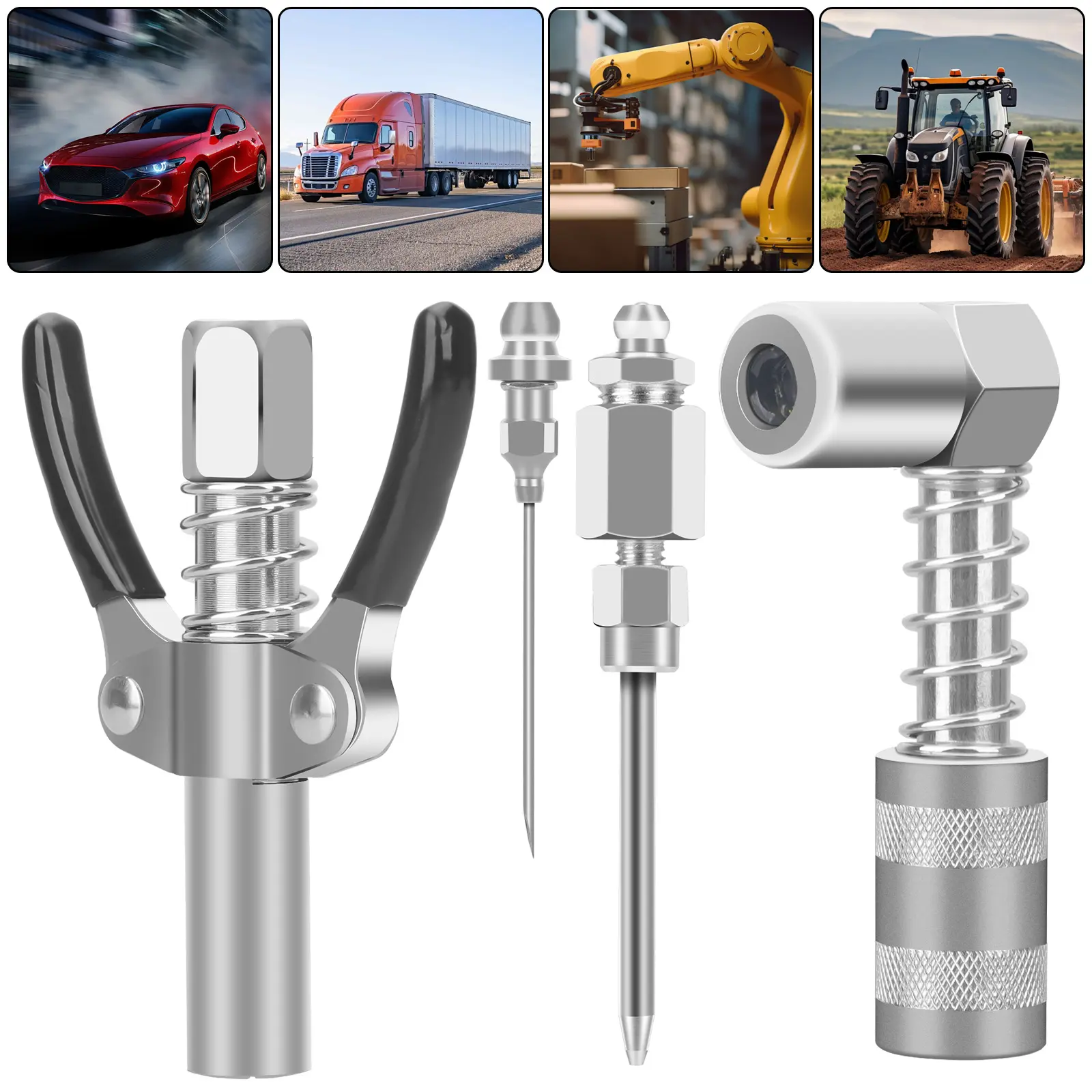 4Pcs Grease Gun Fitting Kit - Double Handles Grease Gun Coupler,90 Degree Adapter,Grease Needle,Compatible with standard 1/8" NPT grease guns, Strong Lock Quick Release ,Automotive Vehicle Tool