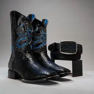 Cowboy Square Toe Imitation PYTHON Boot Premium Leather + Belt