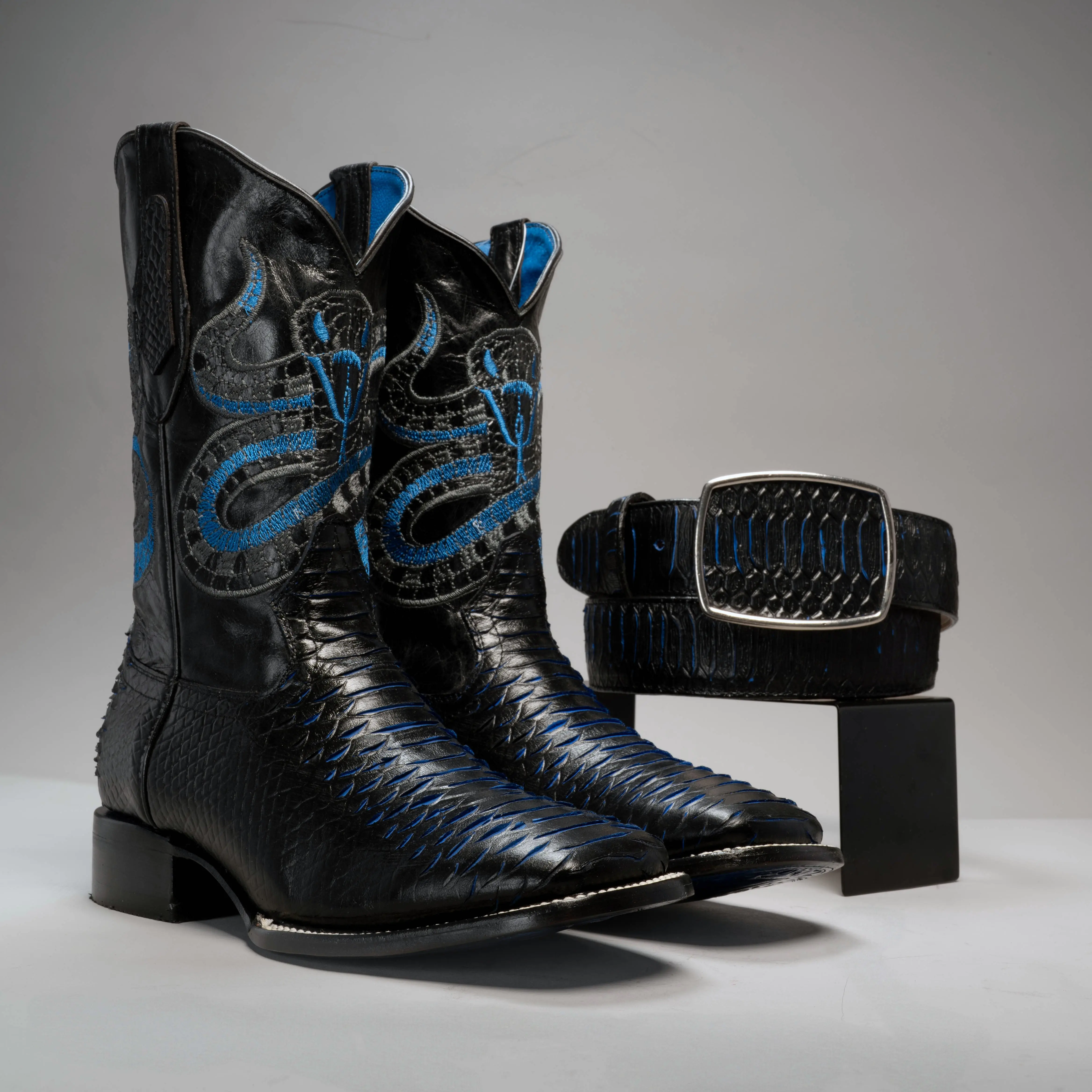 Cowboy Square Toe Imitation PYTHON Boot Premium Leather + Belt