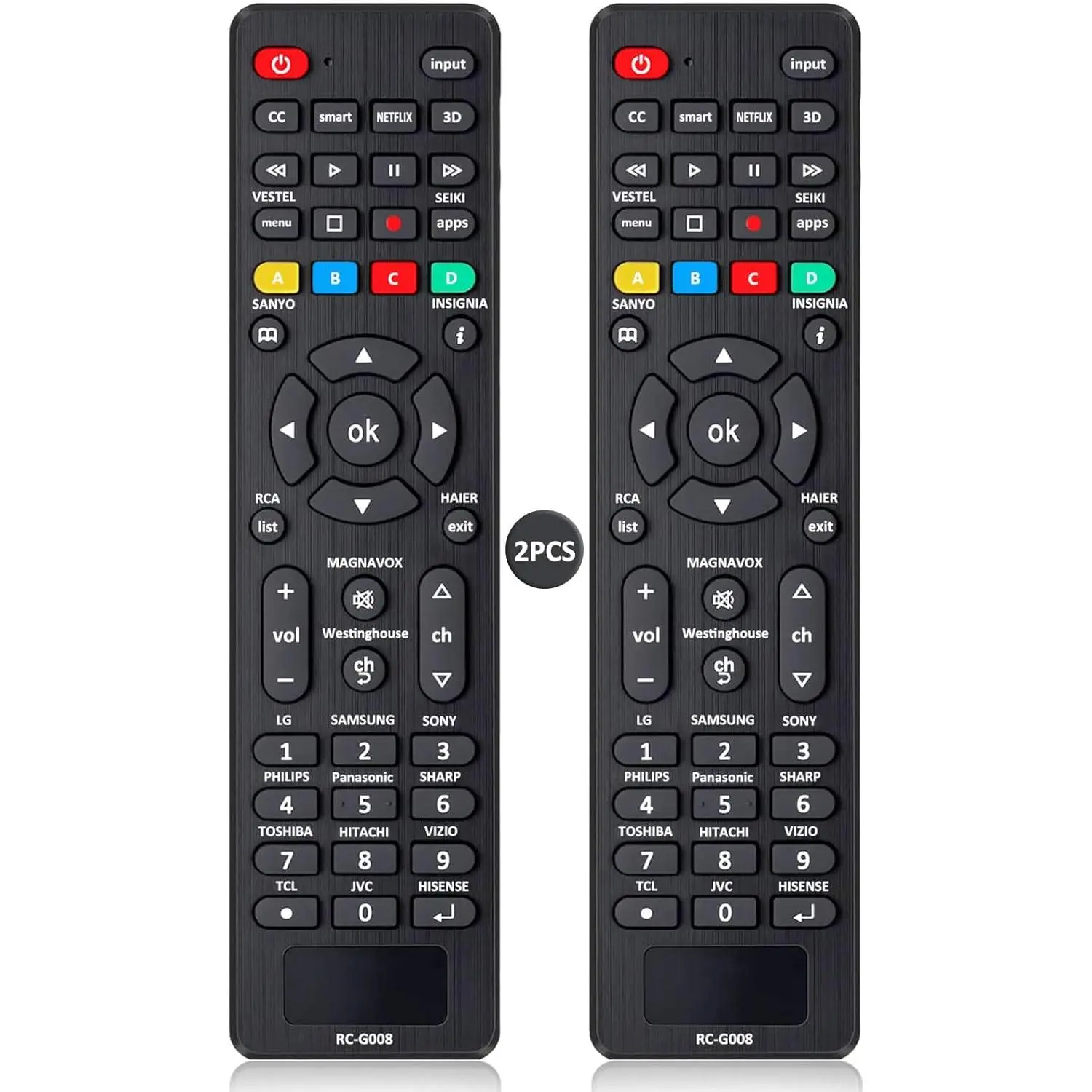 (2pcs) Universal TV Remote Control Replacements - 2 Remotes for LCD, LED Light, 3D, HDTV, Smart TVs - Compatible with 20 Brands (TCL, Samsung, LG, Westinghouse, Insignia + More) - First Code Setting Method: Install the Battery & Press Brand Button