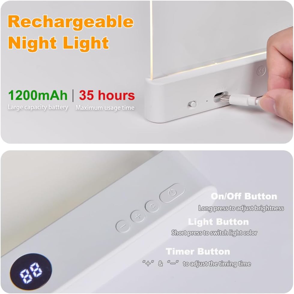 Flat Book Light, Rechargeable Clear LED Smart Reading Light with  Timer, Dimmable Full Page Panel Plate Lamp, Eye Protection, Portable Flat Reading Light for Bedside, Travel, Study