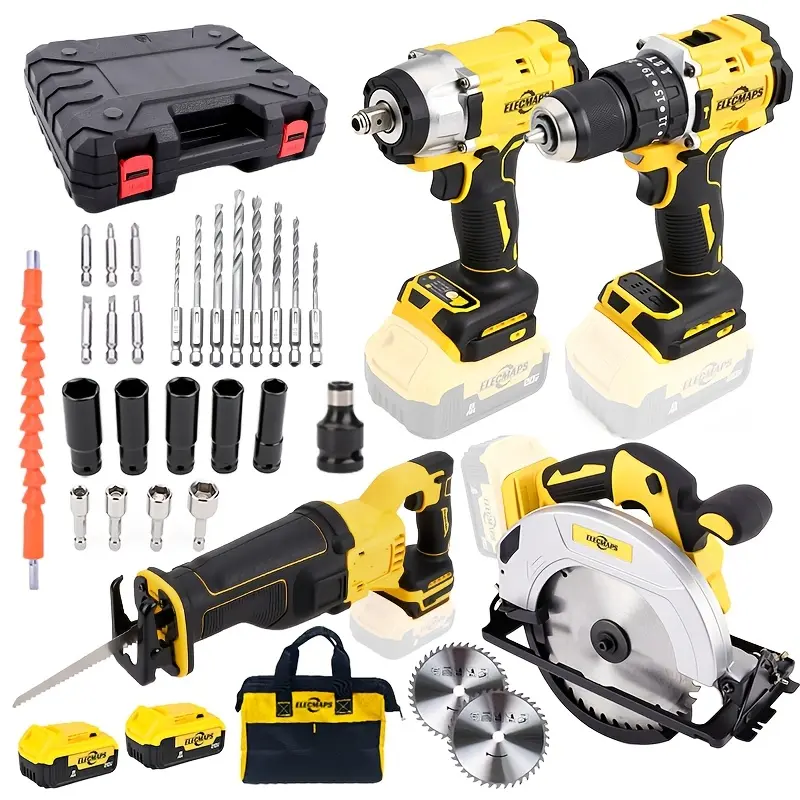 ELECMAPS 20V Cordless Brushless Multi-Power Tool Deluxe Tool Set - 4pcs + Accessories, Wireless Drill Set (1107 lbs Rotary, Rechargeable Lithium Ion Drill), 430 Nm High Torque Impact Wrench, Reciprocating Saw, 7-1/4 in Circular Saw