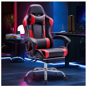 Computer Chair with Footrest and Lumbar Support, Home Offfice Chair, Black and Red