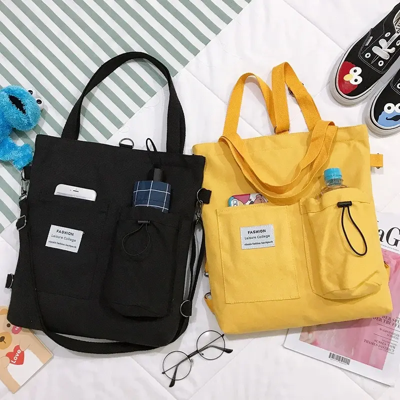 Harajuku Canvas Tote Bag for Women - Crossbody handbag, Korean Style Preppy Buckpack with Pockets & Zipper Closure - Comfortable Cotton Lining