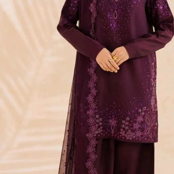 3pc stitched original Nureh outfit with silk shirt and farsho shalwar and chiffon embroidered  dupatta for eid and party wear
