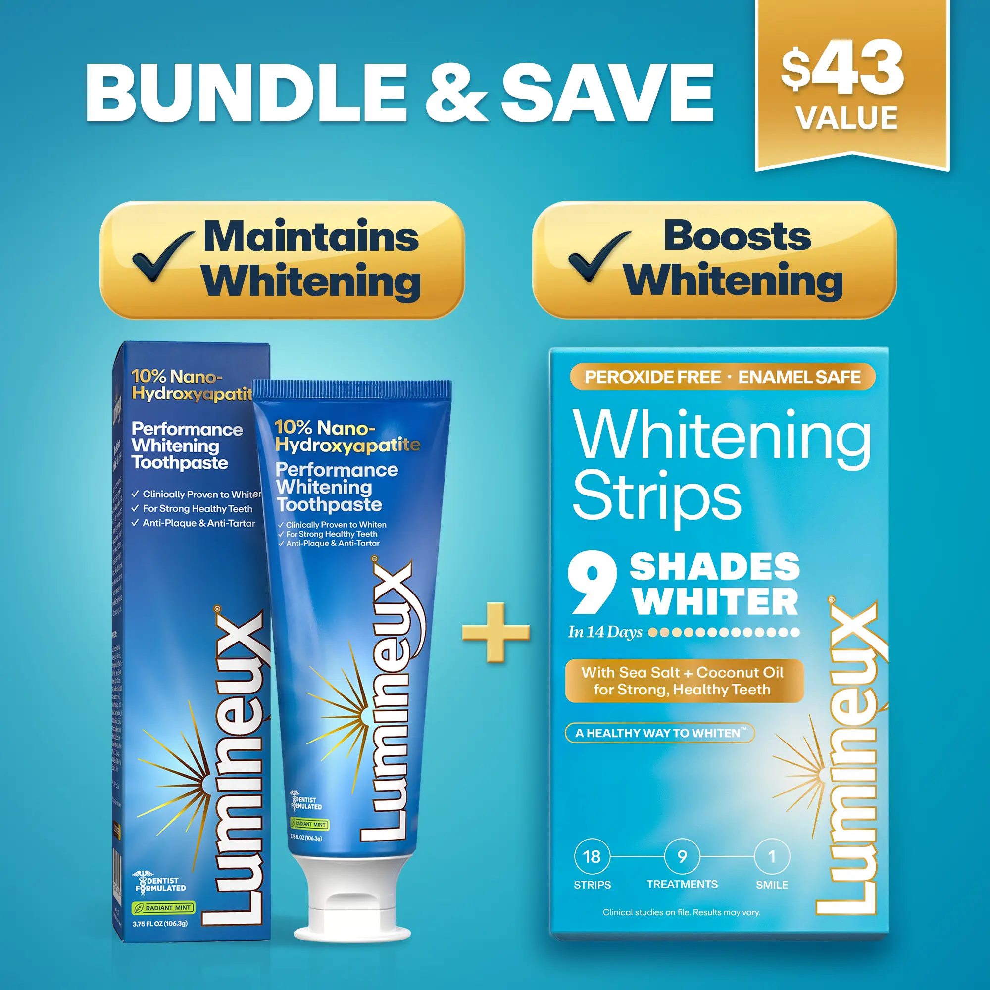 Nano Hydroxyapatite Whitening Toothpaste & Strips Bundle | Fluoride & Peroxide Free | Enamel Safe | For Sensitive Teeth | 9 Treatments | Sea Salt & Coconut Oil | 3.75 oz
