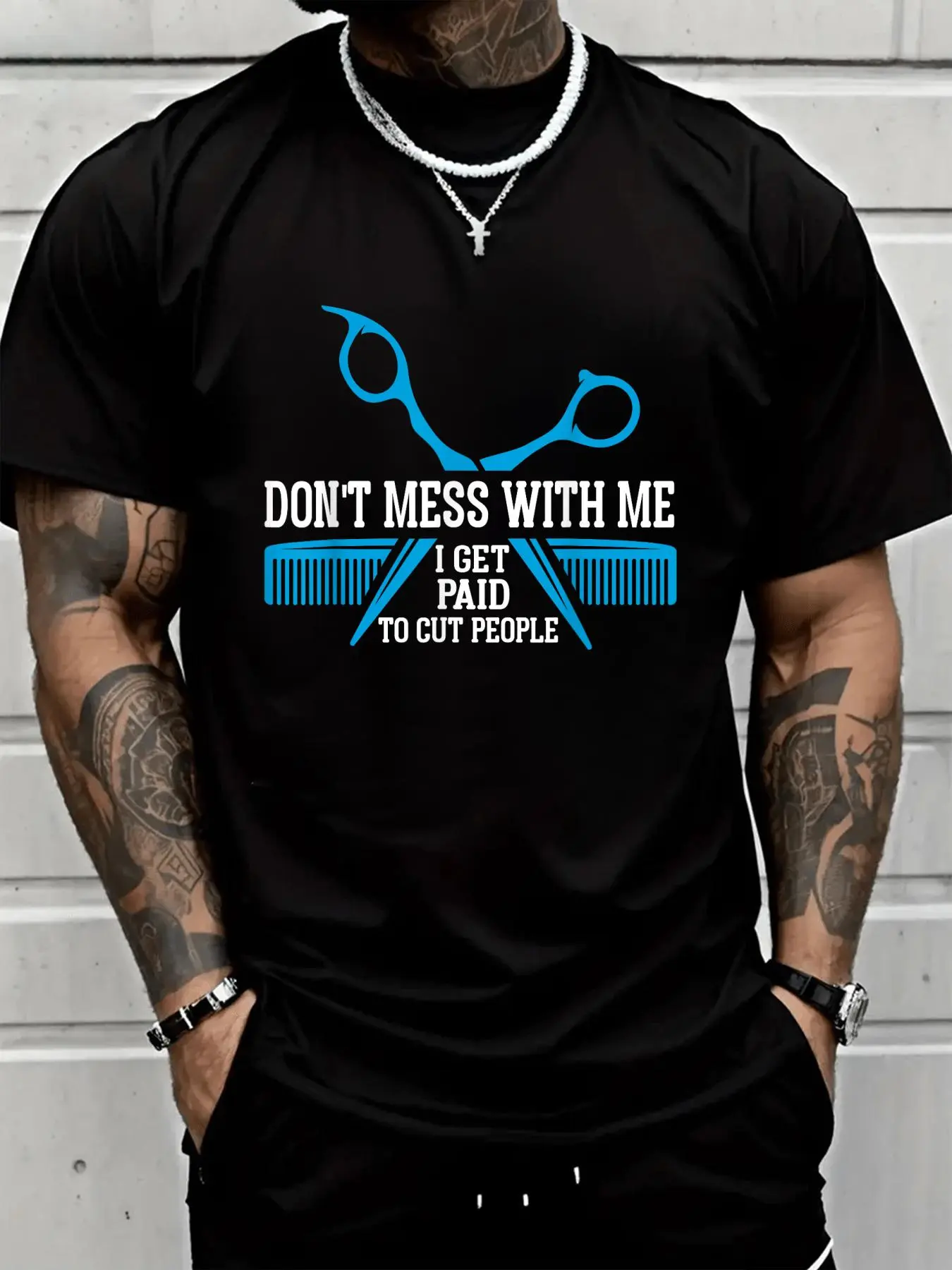 Menswear Tops 100% Cotton Unisex Short-Sleeve Loose Barber T-Shirt, Funny "I Get Paid to Cut People's Hair" Hairstylist Graphic, Breathable, Spring-Summer Essential, Jackets, Funny Quote