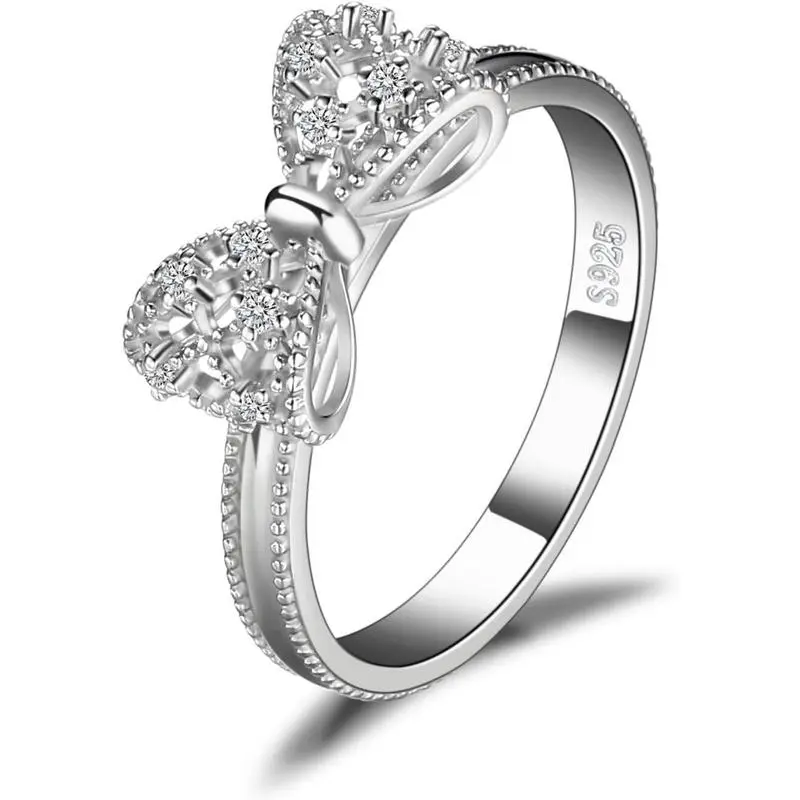 S925 silver bow ring, sparkling cubic zirconia heart bow ring, elegant milgrain band, delicate promise ring, perfect gift for women and girls, everyday party jewelry, wedding and engagement ring accessory