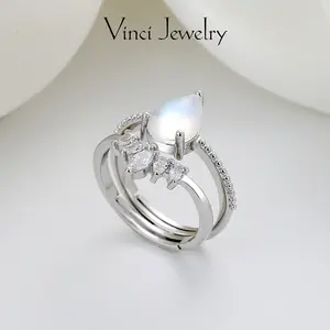 Elegant Synthetic Moonstone Ring with Sparkling Lab Grown Diamond, Romantic and Luxurious Engagement Ring, Set Promise Wedding Couple Moon Ring Jewelry Gift for Women, Perfect for Party and Daily Wear, Birthday Christmas Valentine's Day Gift