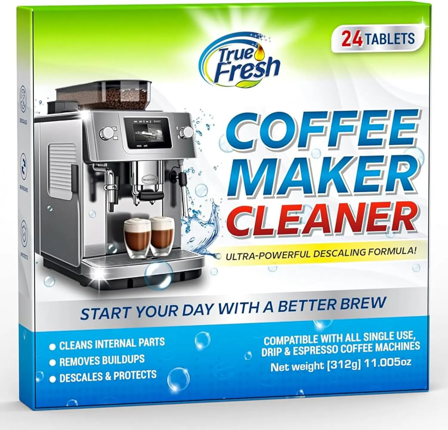 True Fresh Coffee Maker Descaler Cleaner Tablets, 24-Pack with Descaling Formula, Removes Buildups for Household Coffee Makers, Remove Buildups